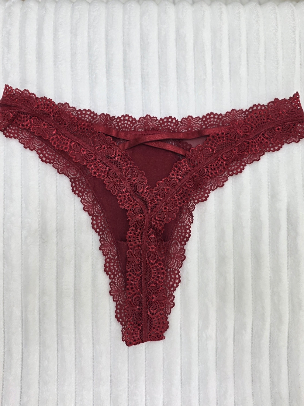 Lace Trim Thong Panty - Burgundy